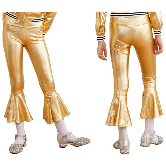 iiniim Kids Girls Shiny Dance Trousers Ruffle Hem Bell-bottom Jazz Dancewear High Waist Long Pants Size 6-16 Gold 10