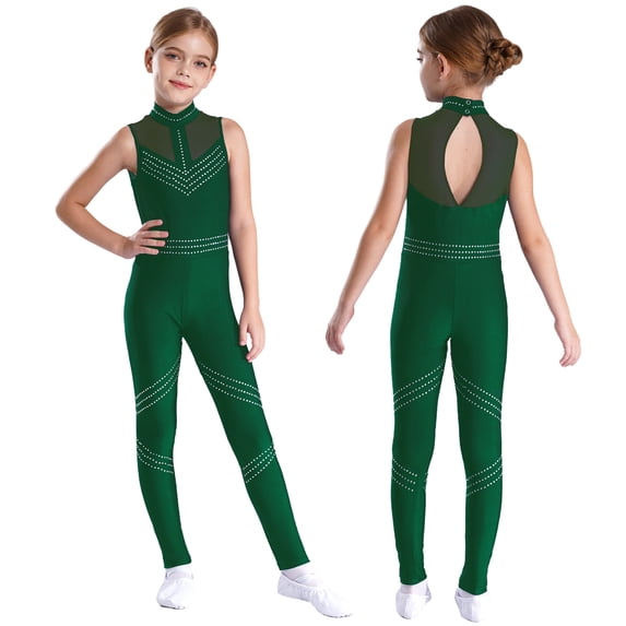 iiniim Kids Girls Shiny Full Body Unitard Rhinestone One Piece Leotard Sleeveless Gymnastics Dancewear Green 12
