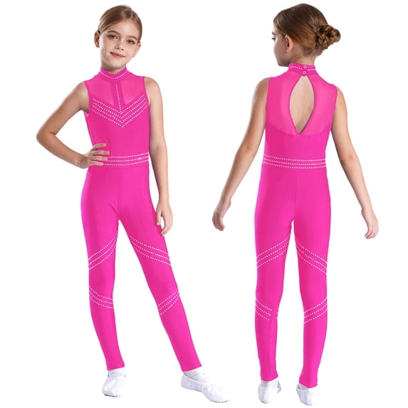 iiniim Kids Girls Shiny Full Body Unitard Rhinestone One Piece Leotard Sleeveless Gymnastics Dancewear Hot Pink 6