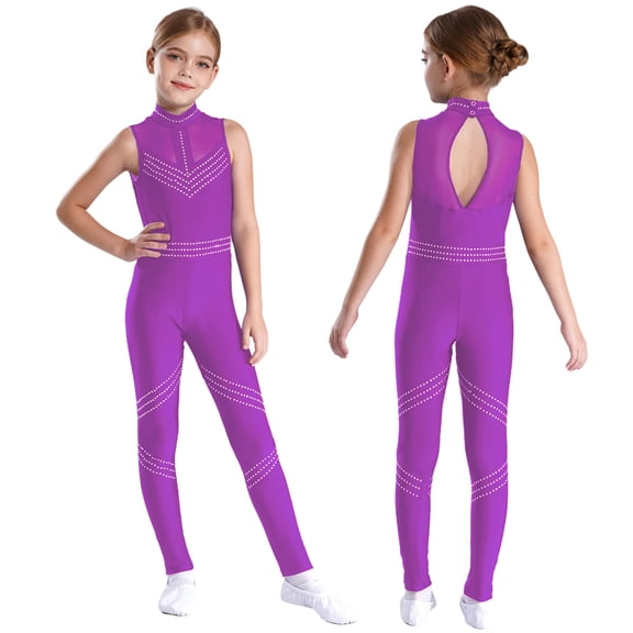 iiniim Kids Girls Shiny Full Body Unitard Rhinestone One Piece Leotard Sleeveless Gymnastics Dancewear Purple 6