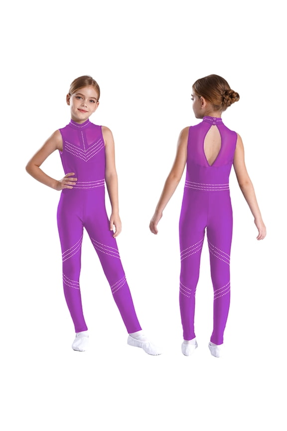 Kids Girls Shiny Full Body Unitard Rhinestone One Piece Leotard Sleeveless Gymnastics Dancewear Purple 8