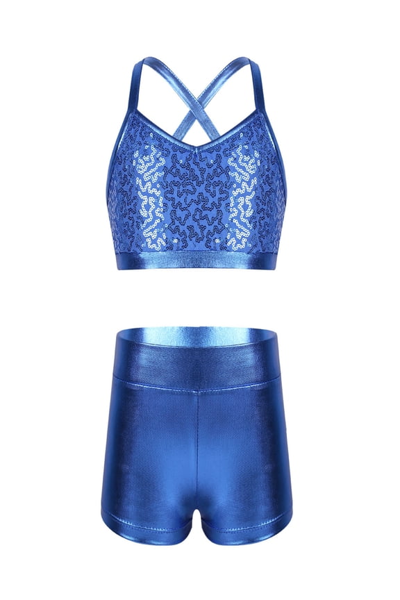 Kids Girls Shiny Metallic 2 Piece Dance Sports Gym Outfit Crop Top with Shorts Gymnastics Swimwear Activewear