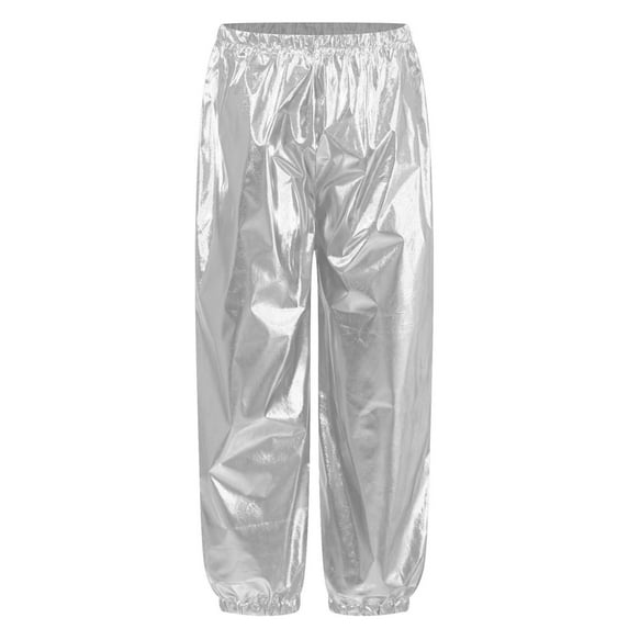 iiniim Kids Girls Shiny Metallic Dance Festival Party Pants Disco Loose Harem Trousers Silver 5-6