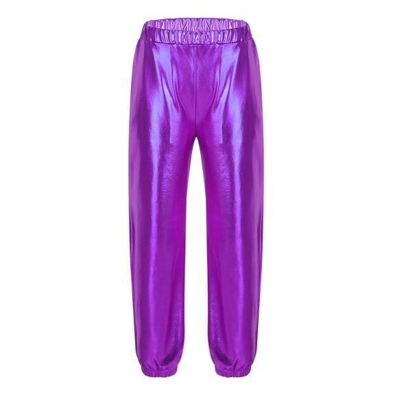 iiniim Kids Girls Shiny Metallic Jogger Dance Harem Pants Gymnastics Athletic Leggings Hip Hop Street Dancewear Purple 12