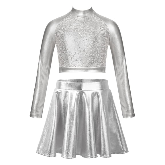 iiniim Kids Girls Shiny Metallic Long Sleeve Crop Top with Skater Skort Athletic Scooter Dance Skirt Set Dancewear A Silver 8