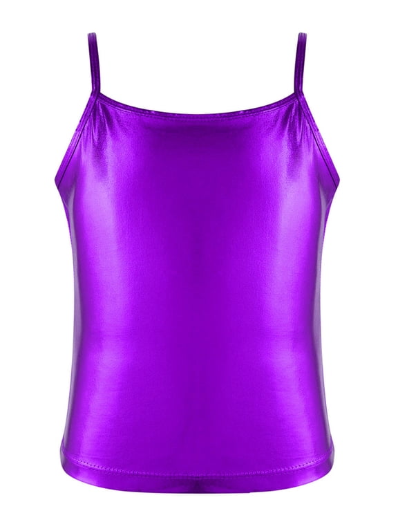 Kids Girls Shiny Metallic Sequin Color Camisole Tank Top Ballet Dance Stage Performance Tee Shirts