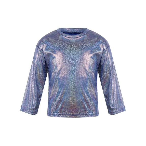 iiniim Kids Girls Shiny Metallic T-Shirt Long Sleeve Loose T-Shirt for Stage Performance Costume Jazz Hip Hop Dancewear