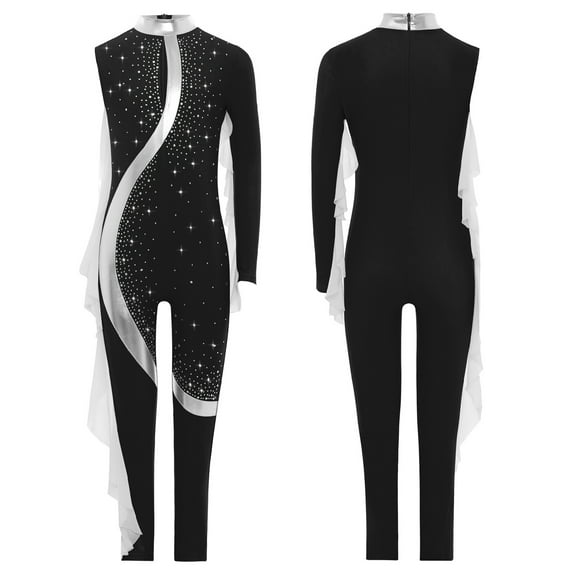 iiniim Kids Girls Shiny Rhinestone Full Body Leotard Long Sleeve Unitard One Piece Gymnastics Dance Bodysuit Black 6