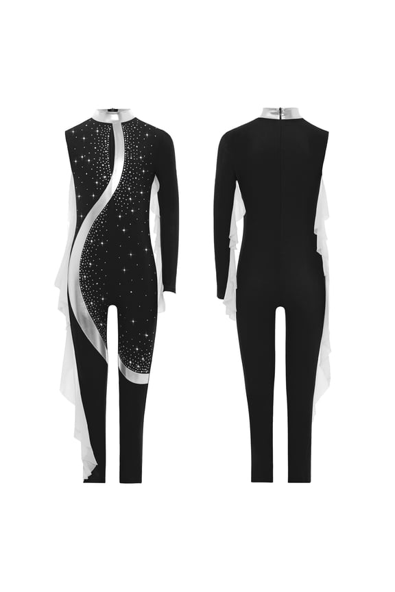 Kids Girls Shiny Rhinestone Full Body Leotard Long Sleeve Unitard One Piece Gymnastics Dance Bodysuit Black 6