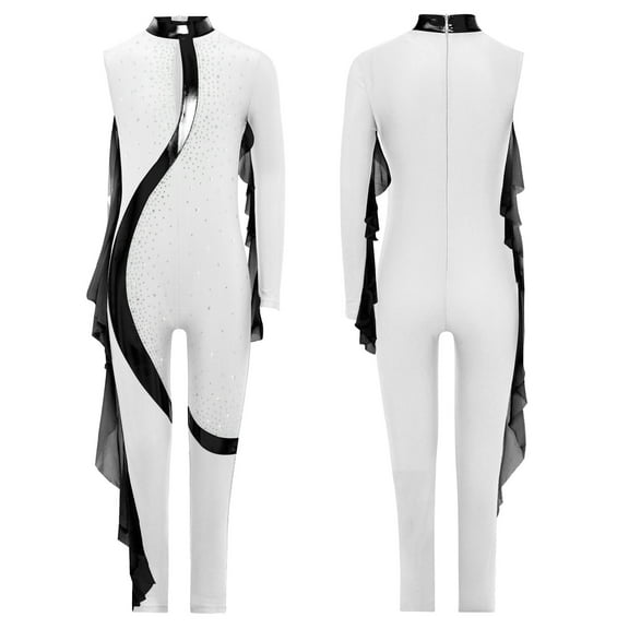 iiniim Kids Girls Shiny Rhinestone Full Body Leotard Long Sleeve Unitard One Piece Gymnastics Dance Bodysuit White 16