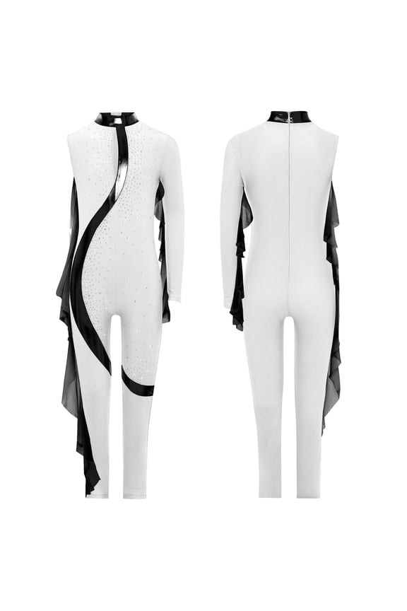 Kids Girls Shiny Rhinestone Full Body Leotard Long Sleeve Unitard One Piece Gymnastics Dance Bodysuit White 6