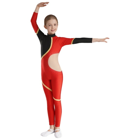 iiniim Kids Girls Shiny Rhinestone Full Body Long Sleeve Unitard One Piece Gymnastics Dance Bodysuit Jumpsuit Catsuit A Red 8