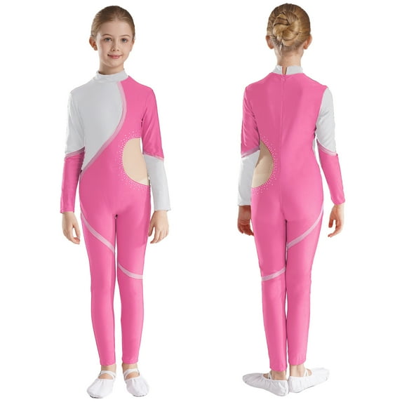 iiniim Kids Girls Shiny Rhinestone Full Body Long Sleeve Unitard One Piece Gymnastics Dance Bodysuit Jumpsuit Catsuit Pink 6
