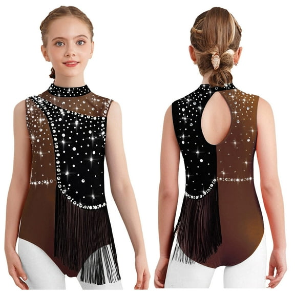 iiniim Kids Girls Shiny Rhinestone Gymnastics Leotard Figure Skating Bodysuit Performance Costume Brown 6