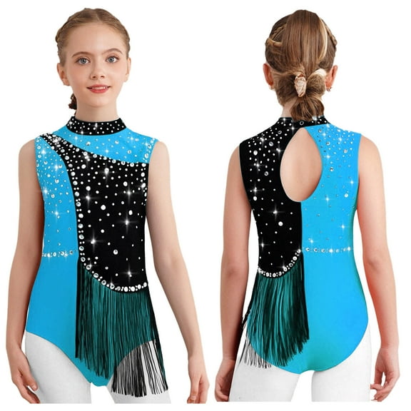 iiniim Kids Girls Shiny Rhinestone Gymnastics Leotard Figure Skating Bodysuit Performance Costume Light Blue 8