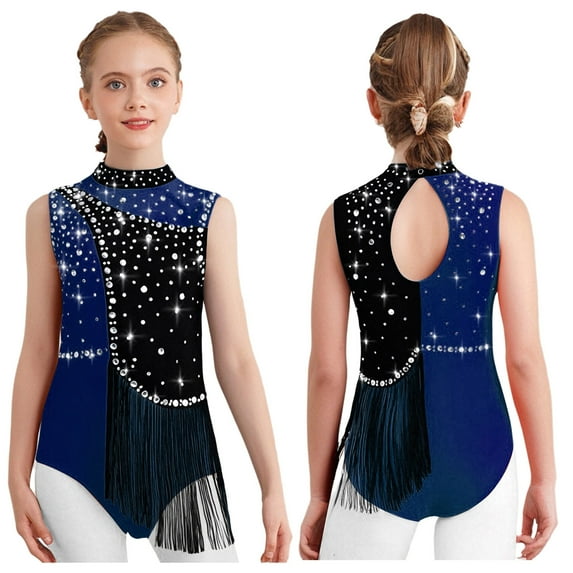 iiniim Kids Girls Shiny Rhinestone Gymnastics Leotard Figure Skating Bodysuit Performance Costume Navy Blue 6