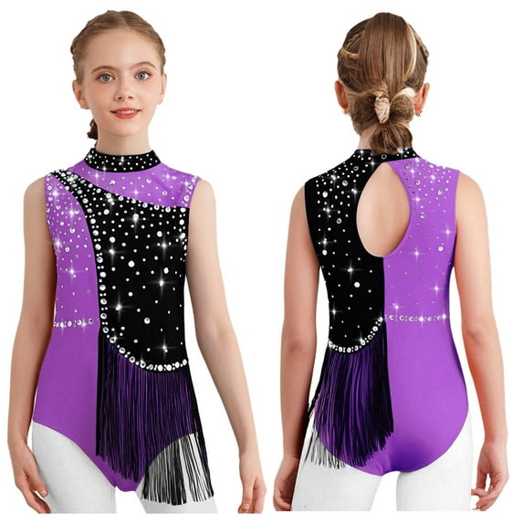 iiniim Kids Girls Shiny Rhinestone Gymnastics Leotard Figure Skating Bodysuit Performance Costume Purple 10