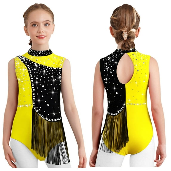 iiniim Kids Girls Shiny Rhinestone Gymnastics Leotard Figure Skating Bodysuit Performance Costume Yellow 8