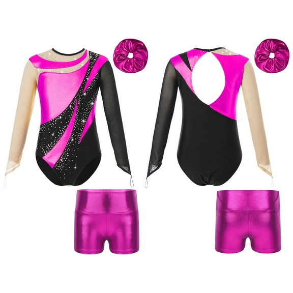 iiniim Kids Girls Shiny Rhinestone Mesh Long Sleeve Ballet Dance Gymnastics Leotard with Metallic Shorts Hair Band Hot Pink 8