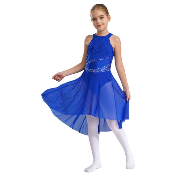 iiniim Kids Girls Shiny Rhinestone Sleeveless Lyrical Ballet Leotard Tulle Skirt Modern Contemporary Dance Dress A Royal Blue 10