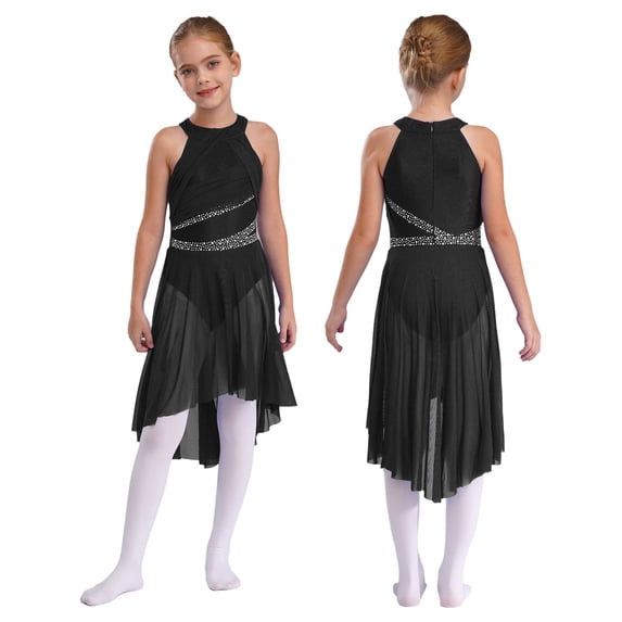 iiniim Kids Girls Shiny Rhinestone Sleeveless Lyrical Ballet Leotard Tulle Skirt Modern Contemporary Dance Dress Black 10