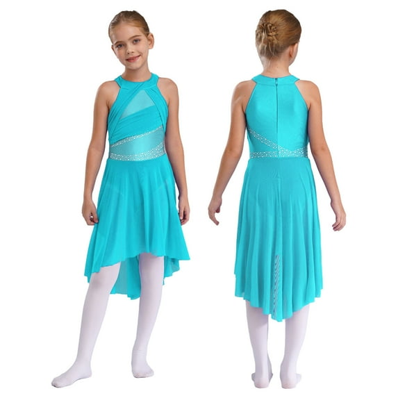 iiniim Kids Girls Shiny Rhinestone Sleeveless Lyrical Ballet Leotard Tulle Skirt Modern Contemporary Dance Dress Light blue 16