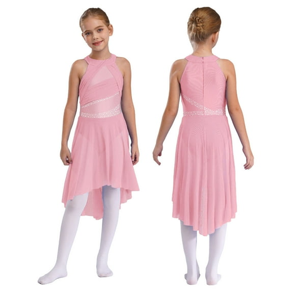 iiniim Kids Girls Shiny Rhinestone Sleeveless Lyrical Ballet Leotard Tulle Skirt Modern Contemporary Dance Dress Pink 16