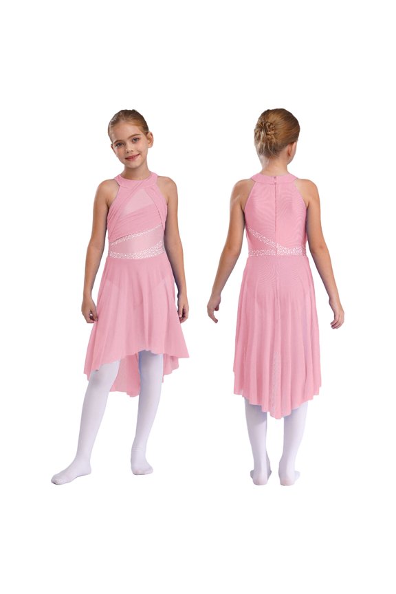 Kids Girls Shiny Rhinestone Sleeveless Lyrical Ballet Leotard Tulle Skirt Modern Contemporary Dance Dress Pink 8