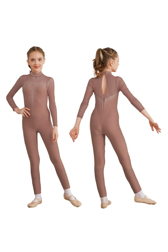 Gymnastics Unitards for Girls Long Sleeve Gymnastics Leotard Full Body Bodysuit Dance Figure Skating Jumpsuit Dusty Pink 6