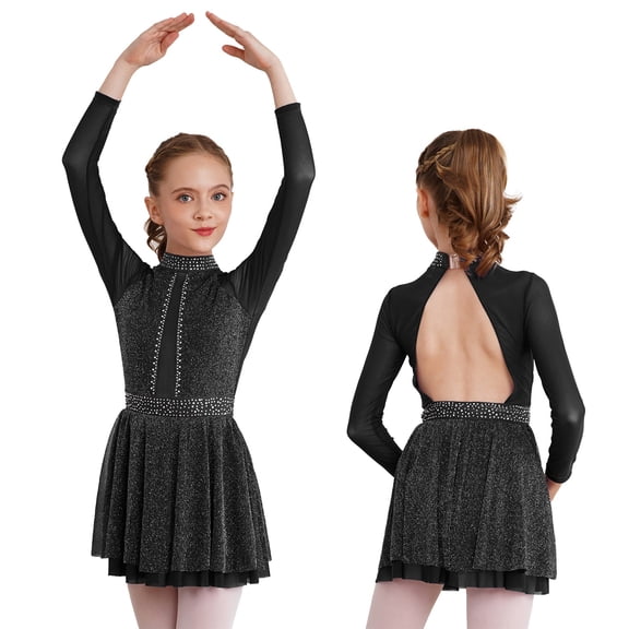 iiniim Kids Girls Shiny Rhinestones Long Sleeve Mesh Splice Figure Ice Skating Leotard Dress Black 14