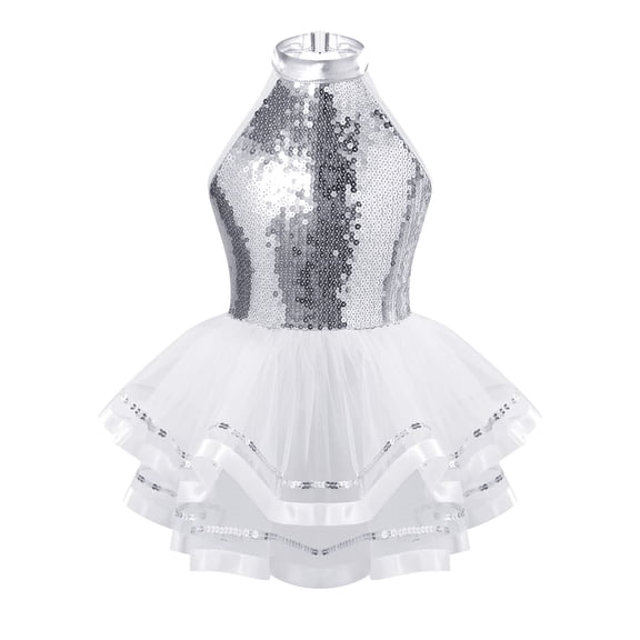 iiniim Kids Girls Shiny Sequins Dance Dress Figure Skating Sleeveless Halter Tutu Leotard Dancewear White 4
