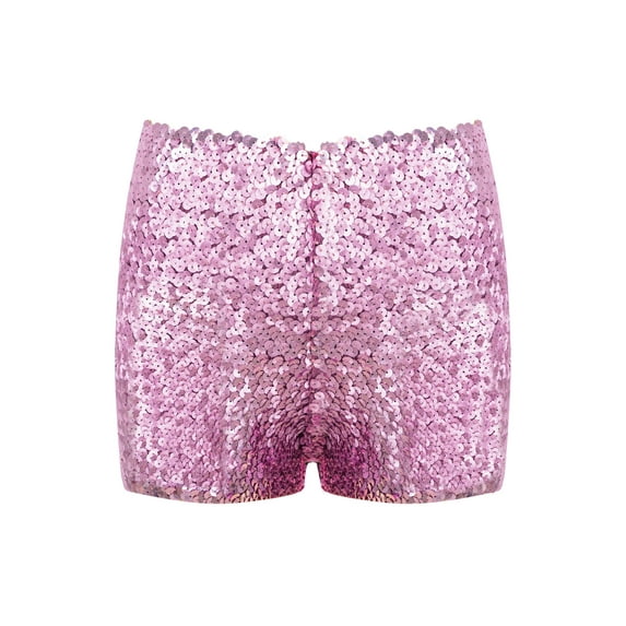 iiniim Kids Girls Shiny Sequins Dance Shorts Stage Performance Booty Boy-Cut Gymnastic Sports Hot Pants Pink 5-6