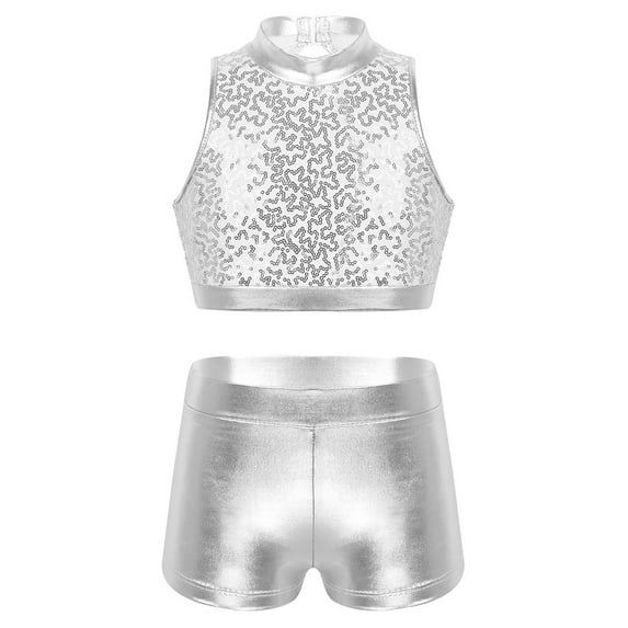 iiniim Kids Girls Shiny Sequins Hip-hop Jazz Dance Crop Top with Bottoms Set Silver 10