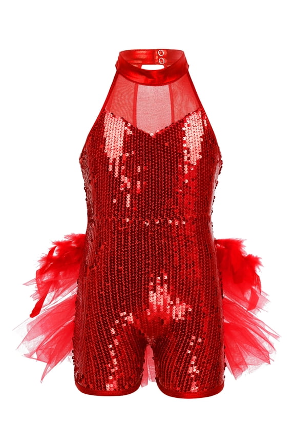 Kids Girls Shiny Sequins Jazz Latin Ballet Dance Leotard Mock Neck Tutu Skirt Age 5-16 Red 5