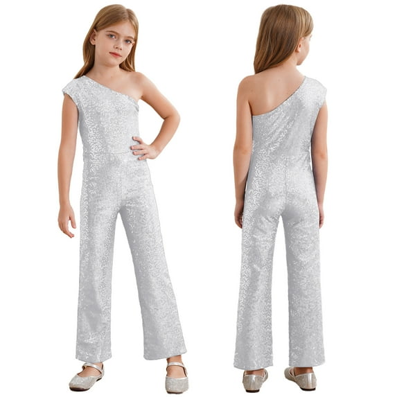 iiniim Kids Girls Shiny Sequins One Shoulder Pageant Jumpsuit Sleeveless High Waist Dancing Romper Silver 8