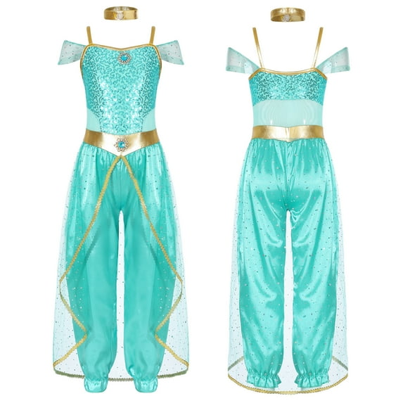 iiniim Kids Girls Shiny Sequins Princess Carnival Jumpsuit with Choker for Theme Party Light Green 6