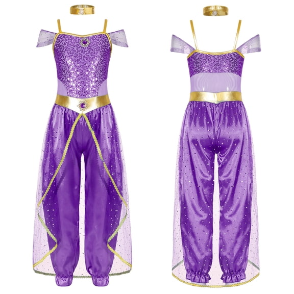 iiniim Kids Girls Shiny Sequins Princess Carnival Jumpsuit with Choker for Theme Party Purple 6