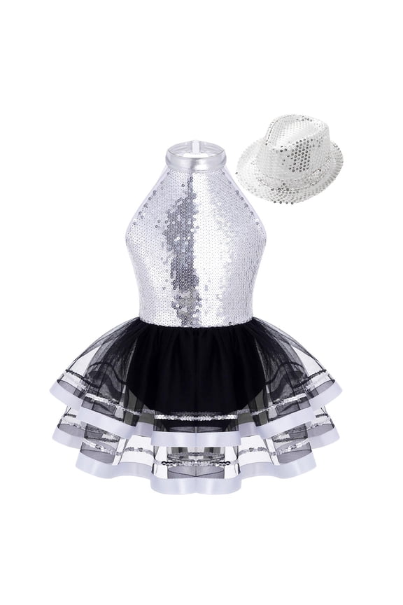Kids Girls Modern Jazz Latin Tap Dance Shiny Sequins Halter Ballet Tutu Dress with Hat Silver 6