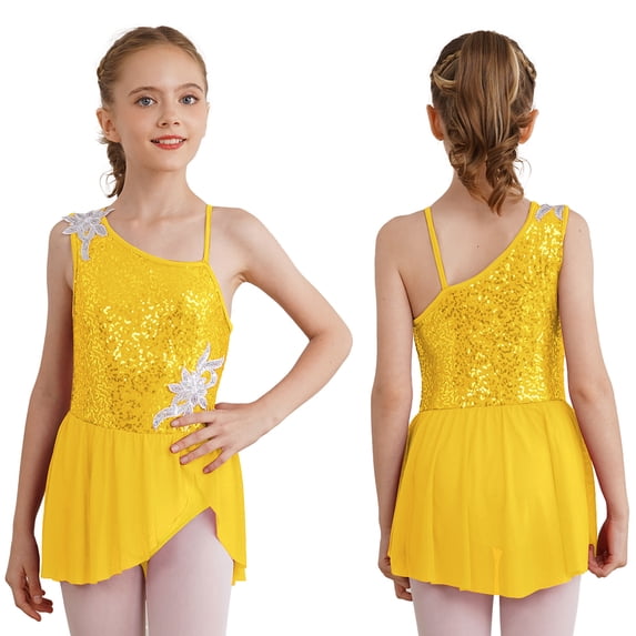 iiniim Kids Girls Shiny Sleeveless Ice Skating Dress Gymnastic Leotard Performance Ballet Dancewear A Yellow 16