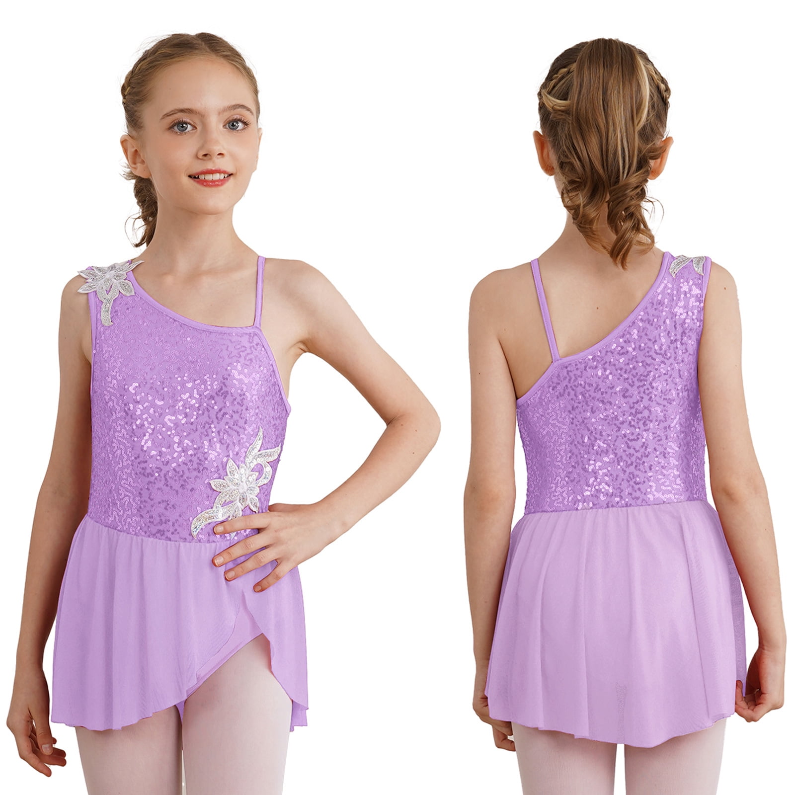JEATHA Girls' Shiny Rhinestone Sleeveless Dance Dress – Figure Skating & Ballet Costume, Chiffon & Spandex, Sizes 6-16 Years