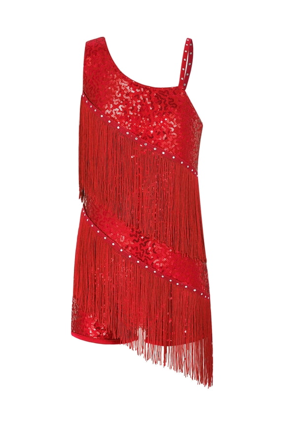 Kids Girls Shiny Tassel Latin Dance Sleeveless Salsa Tango Jazz Samba Ballroom Fringe Dress Red 6