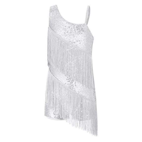 iiniim Kids Girls Shiny Tassel Latin Dance Sleeveless Salsa Tango Jazz Samba Ballroom Fringe Dress White 16