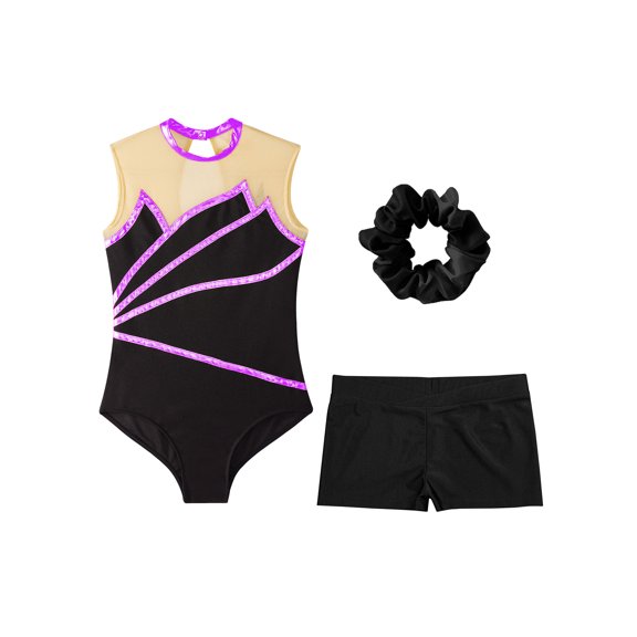 iiniim Kids Girls Sleeveless Ballet Yoga Keyhole Back Leotard with Shorts Hair Band Dancewear Purple 6