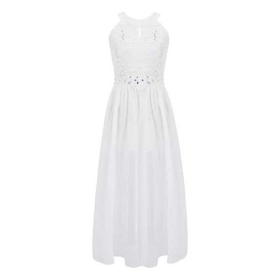 iiniim Kids Girls Sleeveless Floral Lace Shiny Rhinestone Maxi Dress Birthday Party Formal Dance Romper Gown White 16
