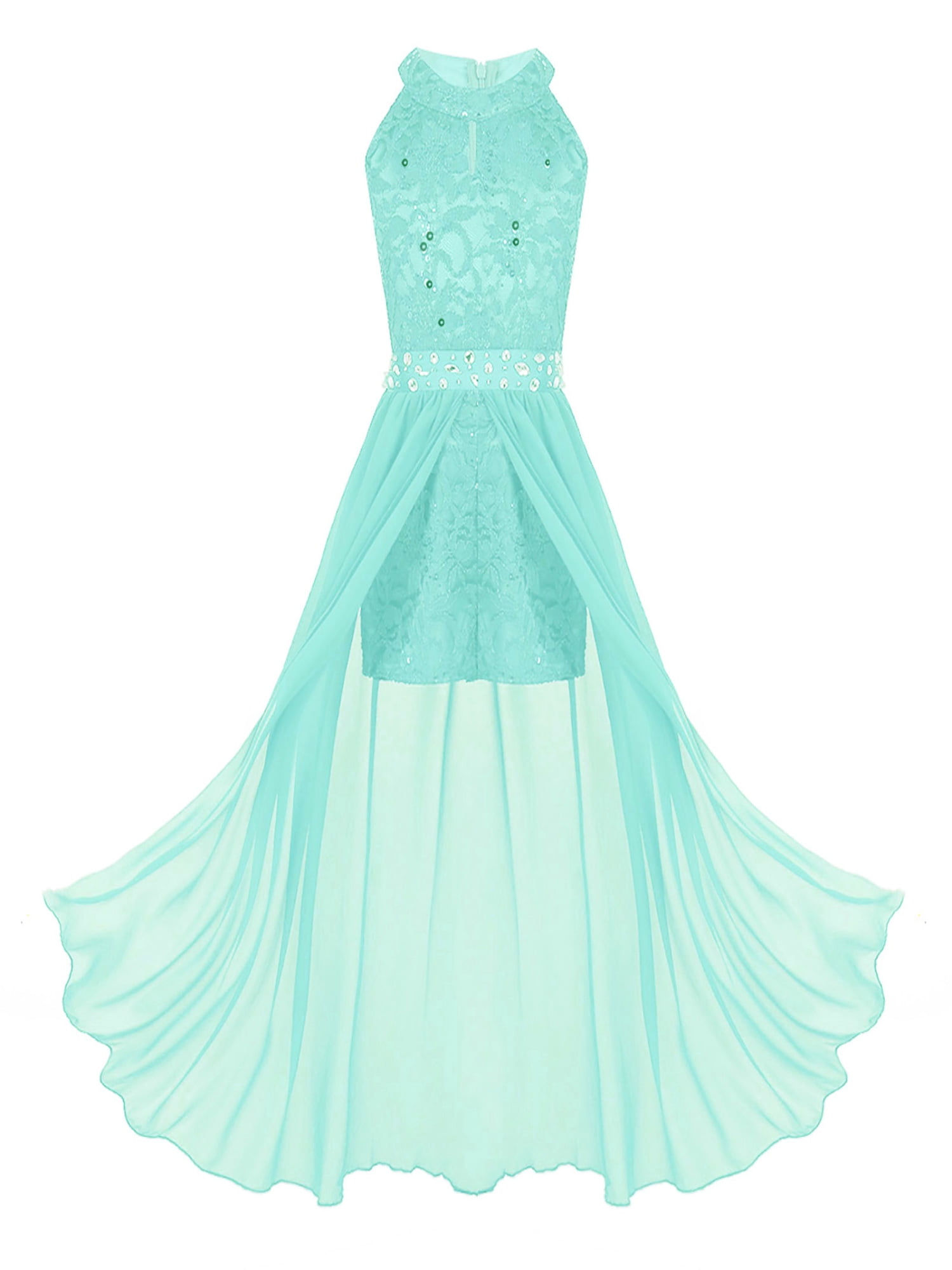iiniim Kids Girls Sleeveless Floral Lace Shiny Rhinestone Maxi Dress