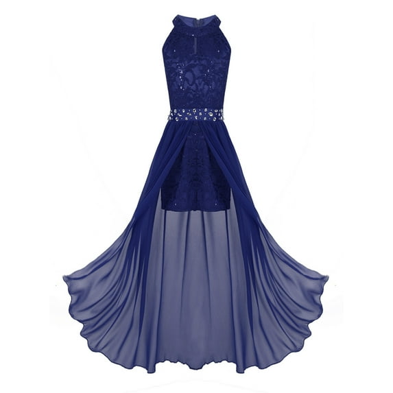 iiniim Kids Girls Sleeveless Floral Lace Shiny Rhinestone Maxi Dress Birthday Party Formal Dance