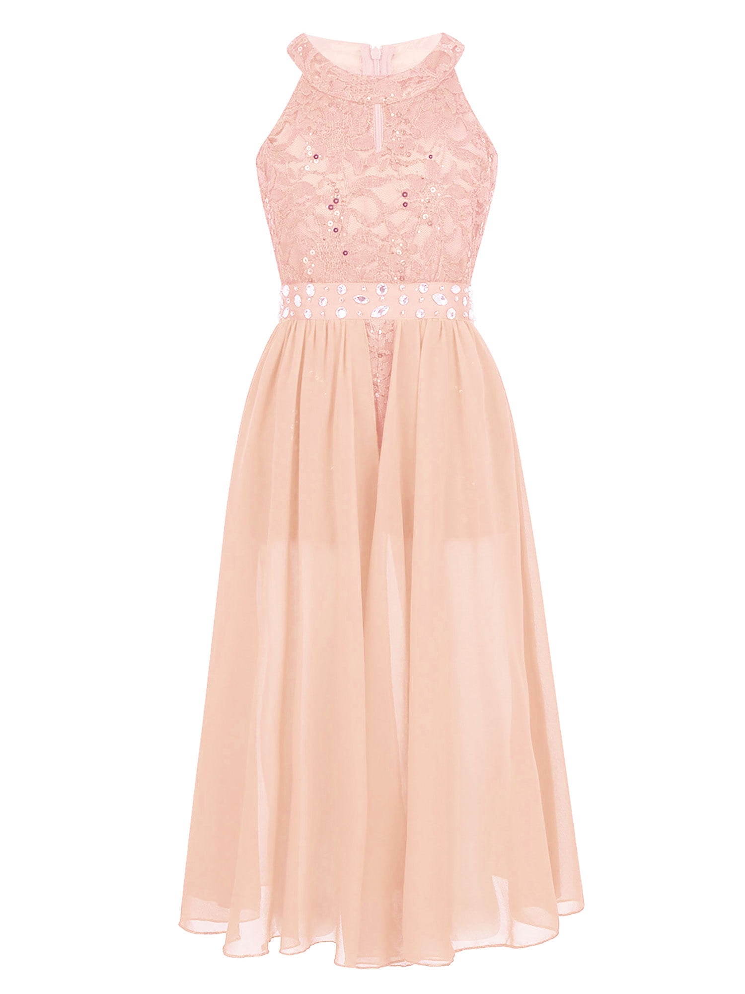 iiniim Kids Girls Sleeveless Floral Lace Shiny Rhinestone Maxi Dress