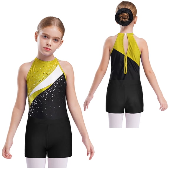 iiniim Kids Girls Sleeveless Gymnastic Leotard with Athletic Shorts Hair Scrunchie Biketard Dance Outfits Tracksuit Yellow&Black 10