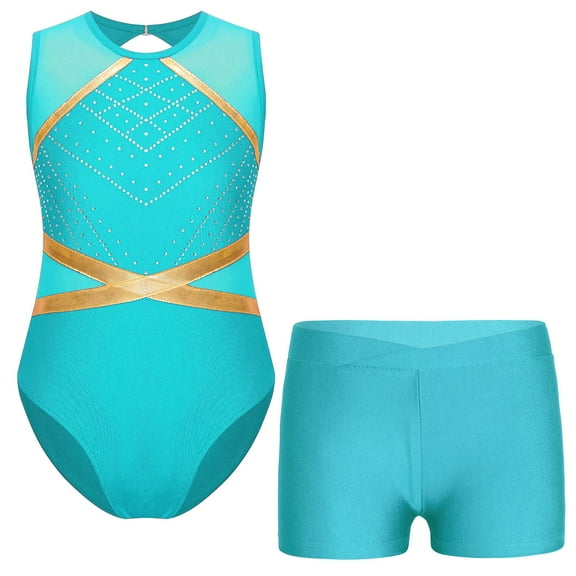 iiniim Kids Girls Sleeveless Gymnastics Leotard Shiny Bodysuit Biketard Unitard with Shorts Dancewear Blue Green 10