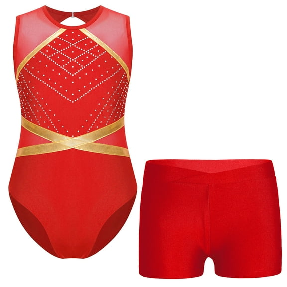 iiniim Kids Girls Sleeveless Gymnastics Leotard Shiny Bodysuit Biketard Unitard with Shorts Dancewear Red 10